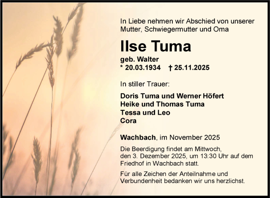 Traueranzeige von Ilse Tuma von Fränkische Nachrichten