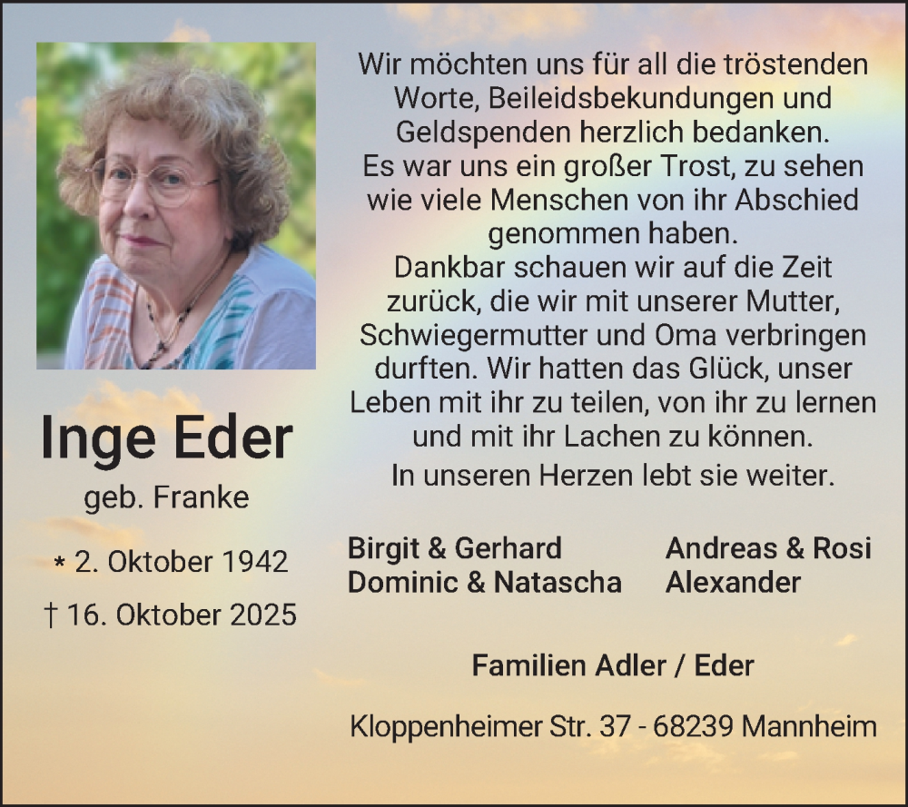  Traueranzeige für Inge Eder vom 08.11.2025 aus Mannheimer Morgen