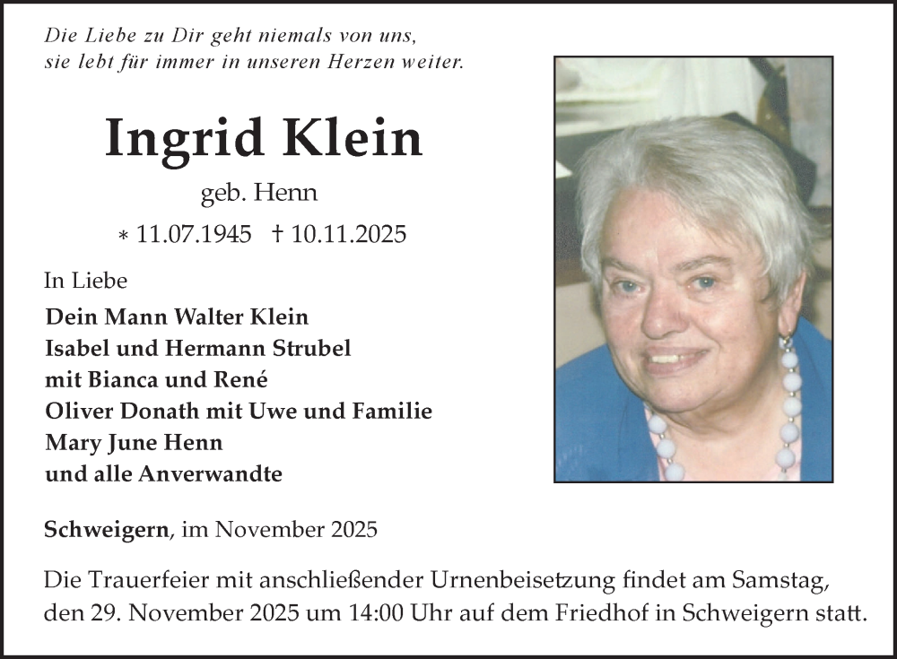  Traueranzeige für Ingrid Klein vom 22.11.2025 aus Fränkische Nachrichten