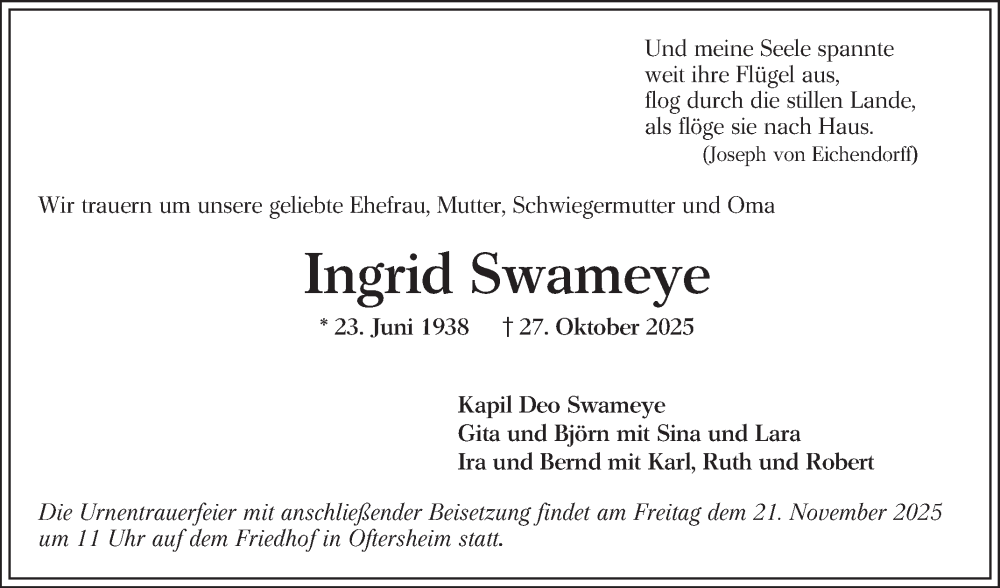  Traueranzeige für Ingrid Swameye vom 15.11.2025 aus Schwetzinger Zeitung