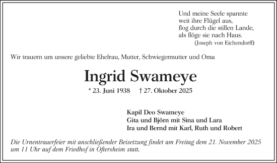 Traueranzeige von Ingrid Swameye von Schwetzinger Zeitung