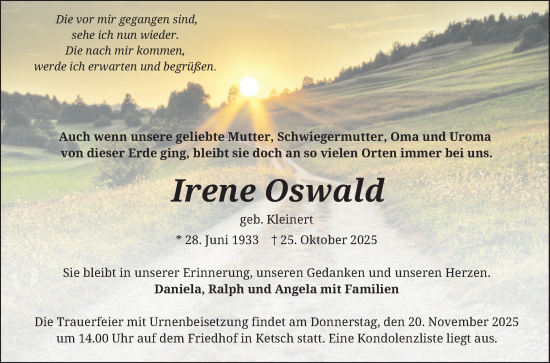 Traueranzeige von Irene Oswald von Schwetzinger Zeitung