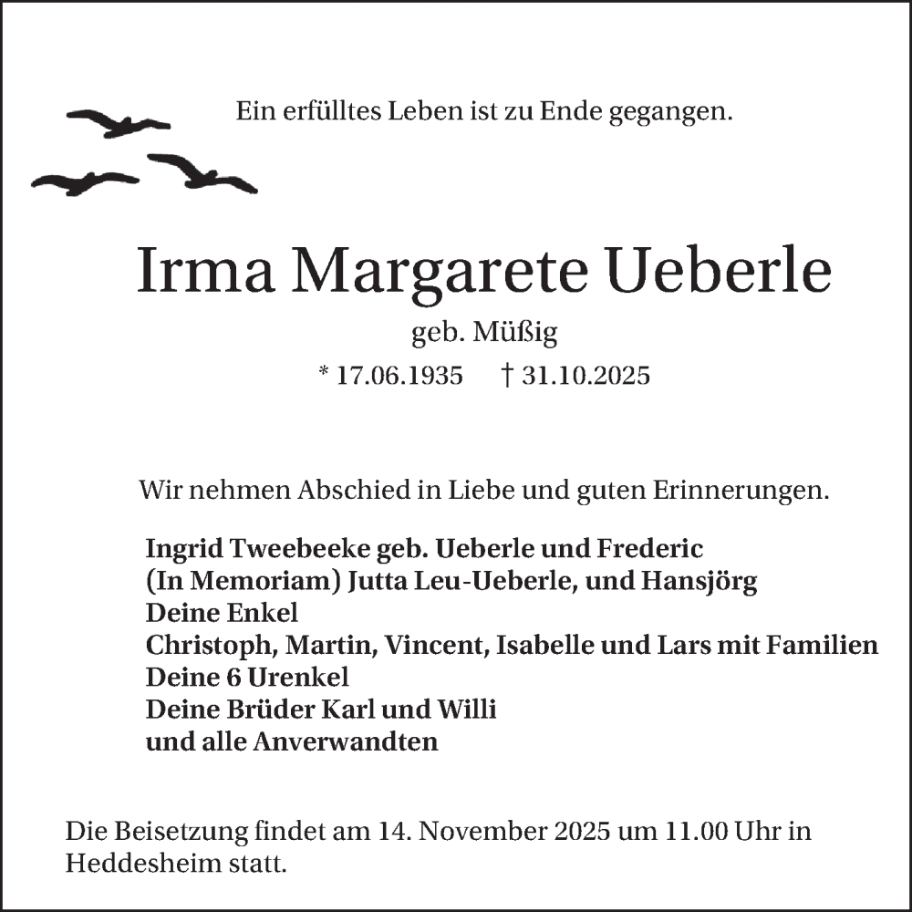  Traueranzeige für Irma Margarete Ueberle vom 08.11.2025 aus Mannheimer Morgen