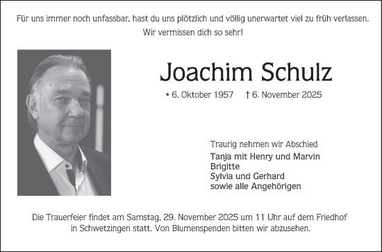 Traueranzeige von Joachim Schulz von Mannheimer Morgen
