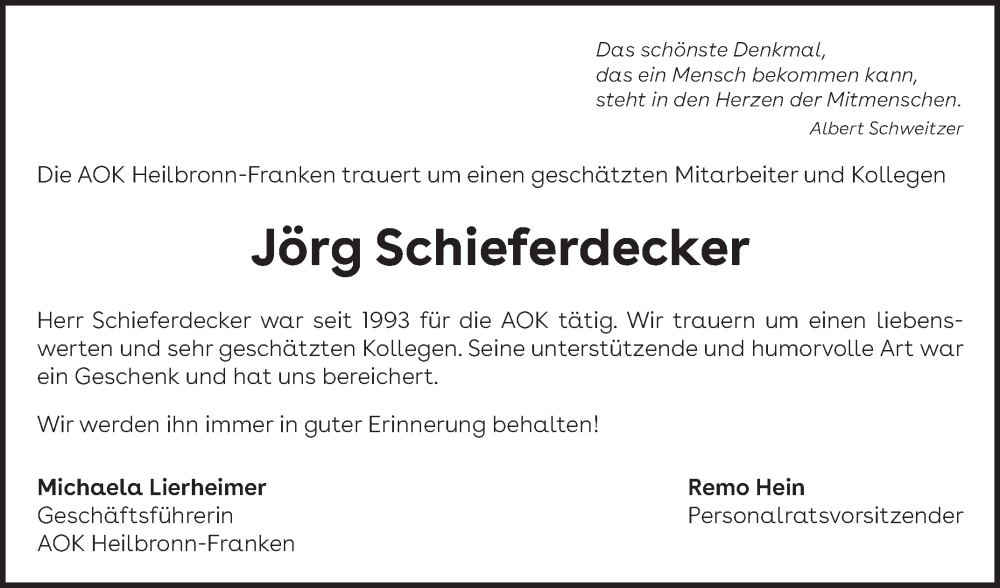  Traueranzeige für Jörg Schieferdecker vom 08.11.2025 aus Fränkische Nachrichten