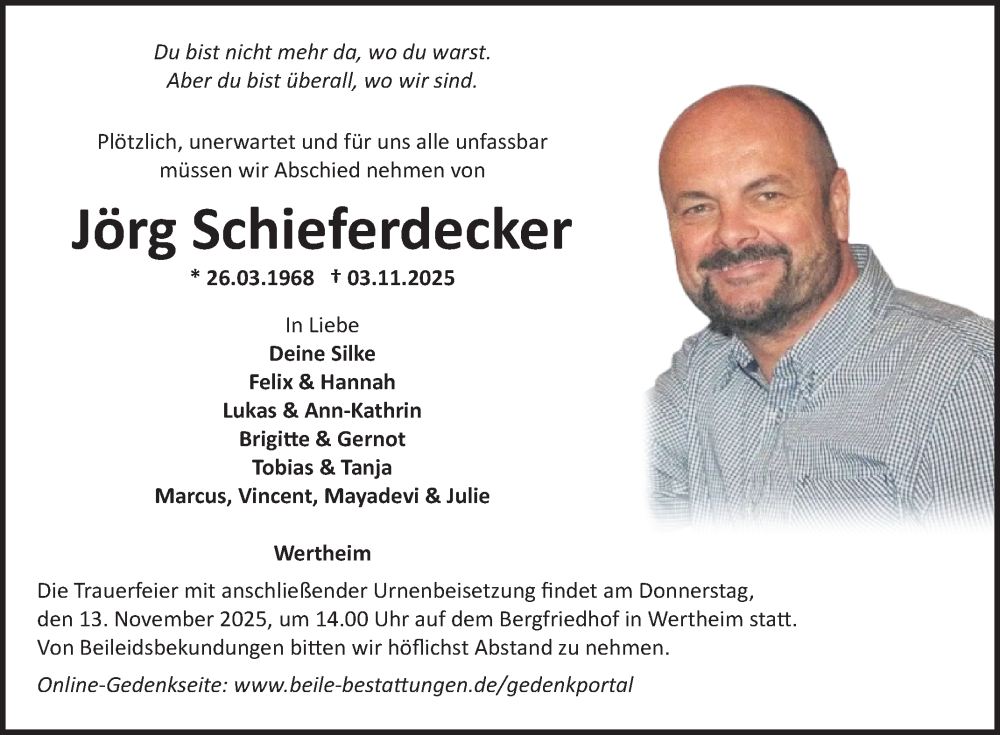  Traueranzeige für Jörg Schieferdecker vom 08.11.2025 aus Fränkische Nachrichten