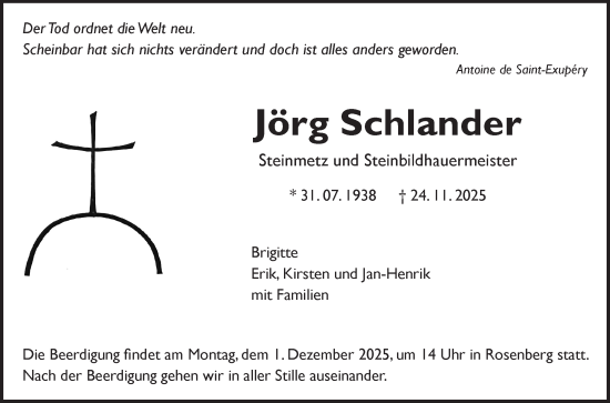 Traueranzeige von Jörg Schlander von Fränkische Nachrichten