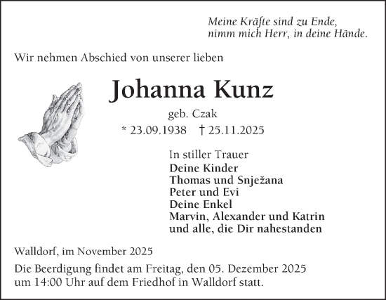 Traueranzeige von Johanna Kunz von Schwetzinger Zeitung