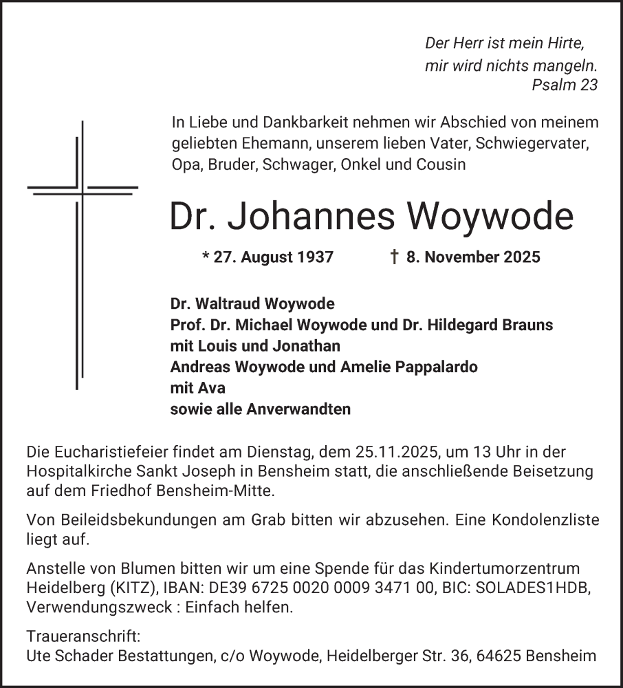  Traueranzeige für Johannes Woywode vom 15.11.2025 aus Bergsträßer Anzeiger
