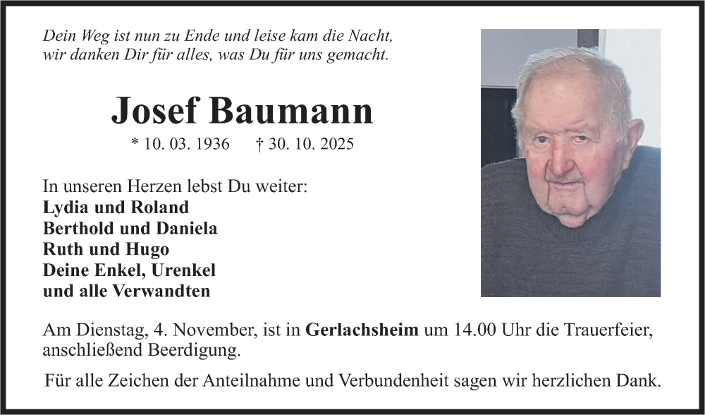  Traueranzeige für Josef Baumann vom 03.11.2025 aus Fränkische Nachrichten