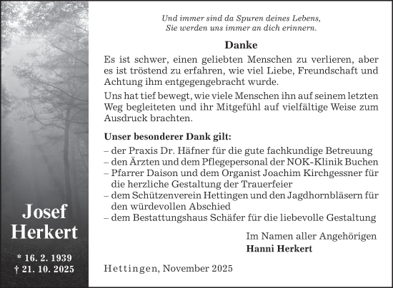 Traueranzeige von Josef Herkert von Fränkische Nachrichten