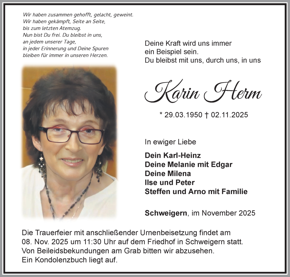  Traueranzeige für Karin Herm vom 06.11.2025 aus Fränkische Nachrichten
