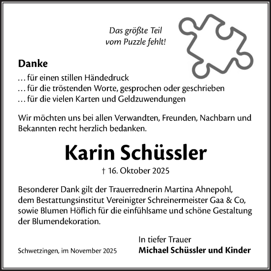 Traueranzeige von Karin Schüssler von Schwetzinger Zeitung