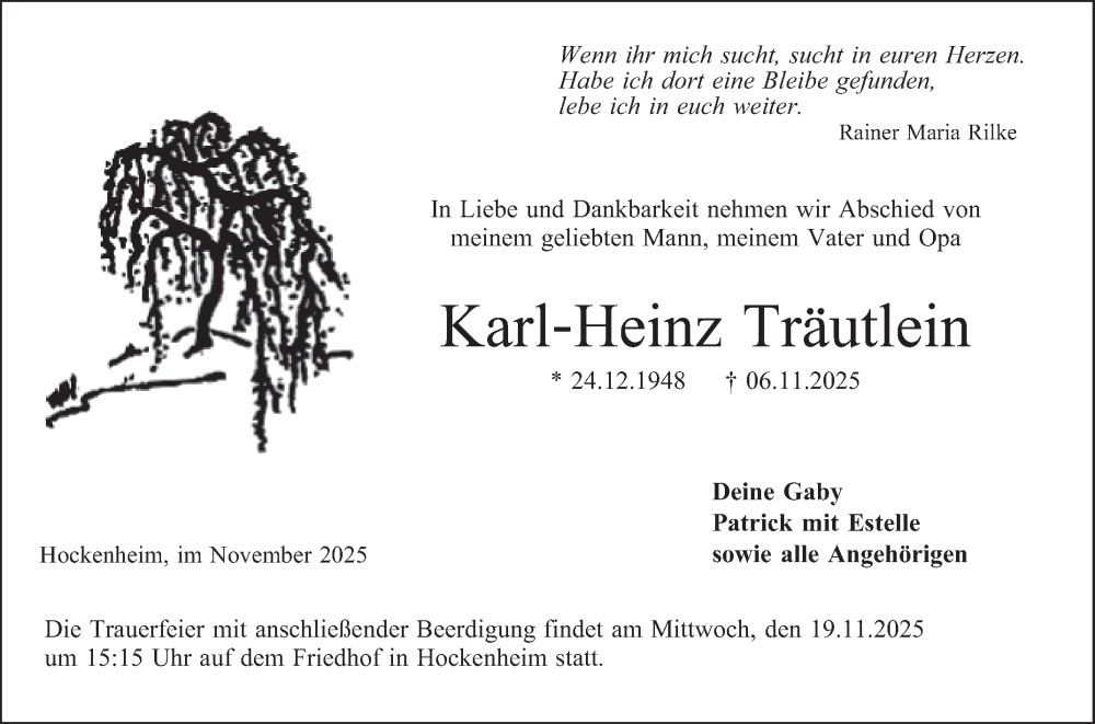  Traueranzeige für Karl-Heinz Träutlein vom 15.11.2025 aus Schwetzinger Zeitung