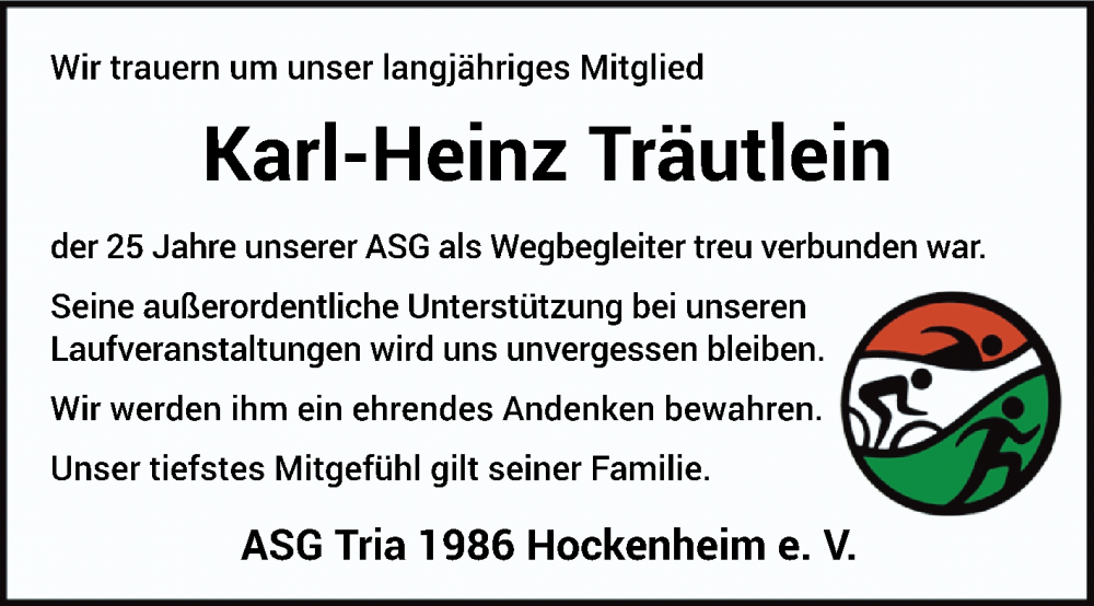  Traueranzeige für Karl-Heinz Träutlein vom 18.11.2025 aus Schwetzinger Zeitung