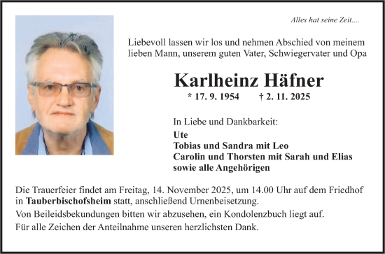 Traueranzeige von Karlheinz Häfner von Fränkische Nachrichten