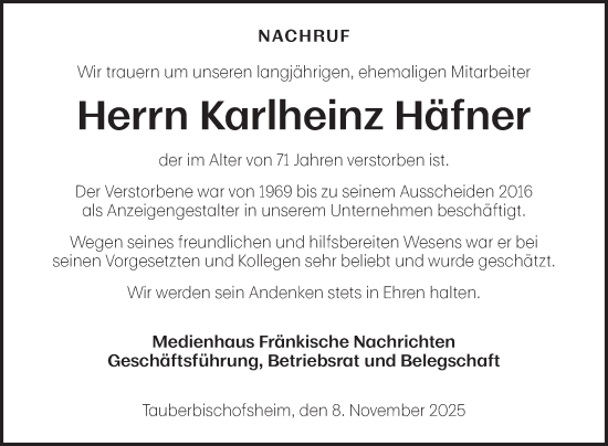 Traueranzeige von Karlheinz Häfner von Fränkische Nachrichten