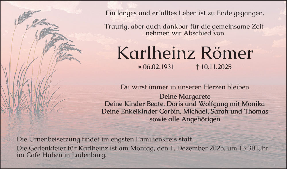  Traueranzeige für Karlheinz Römer vom 22.11.2025 aus Mannheimer Morgen