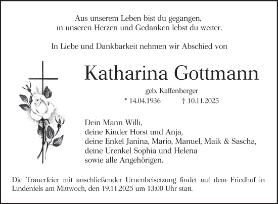Traueranzeige von Katharina Gottmann von Bergsträßer Anzeiger