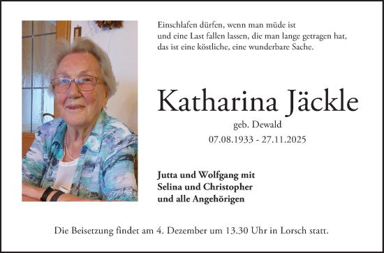 Traueranzeige von Katharina Jäckle von Bergsträßer Anzeiger