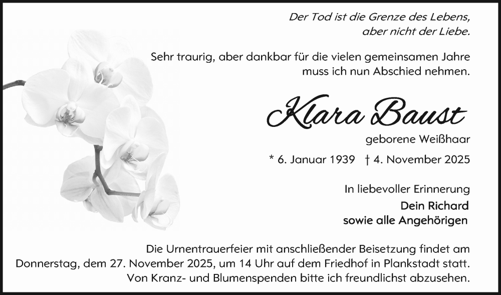  Traueranzeige für Klara Baust vom 15.11.2025 aus Schwetzinger Zeitung
