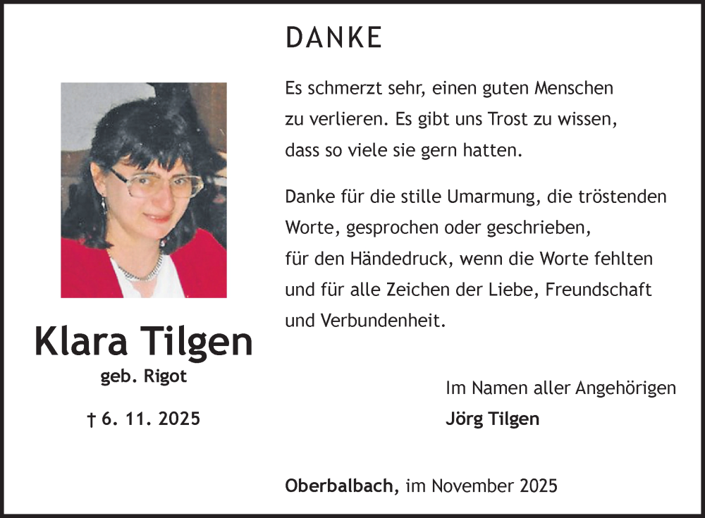  Traueranzeige für Klara Tilgen vom 29.11.2025 aus Fränkische Nachrichten
