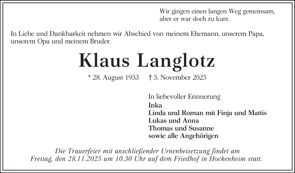  Traueranzeige für Klaus Langlotz vom 22.11.2025 aus Schwetzinger Zeitung