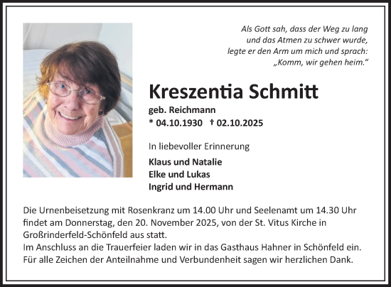 Traueranzeige von Kreszentia Schmitt von Fränkische Nachrichten