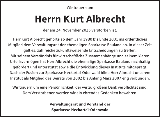 Traueranzeige von Kurt Albrecht von Fränkische Nachrichten