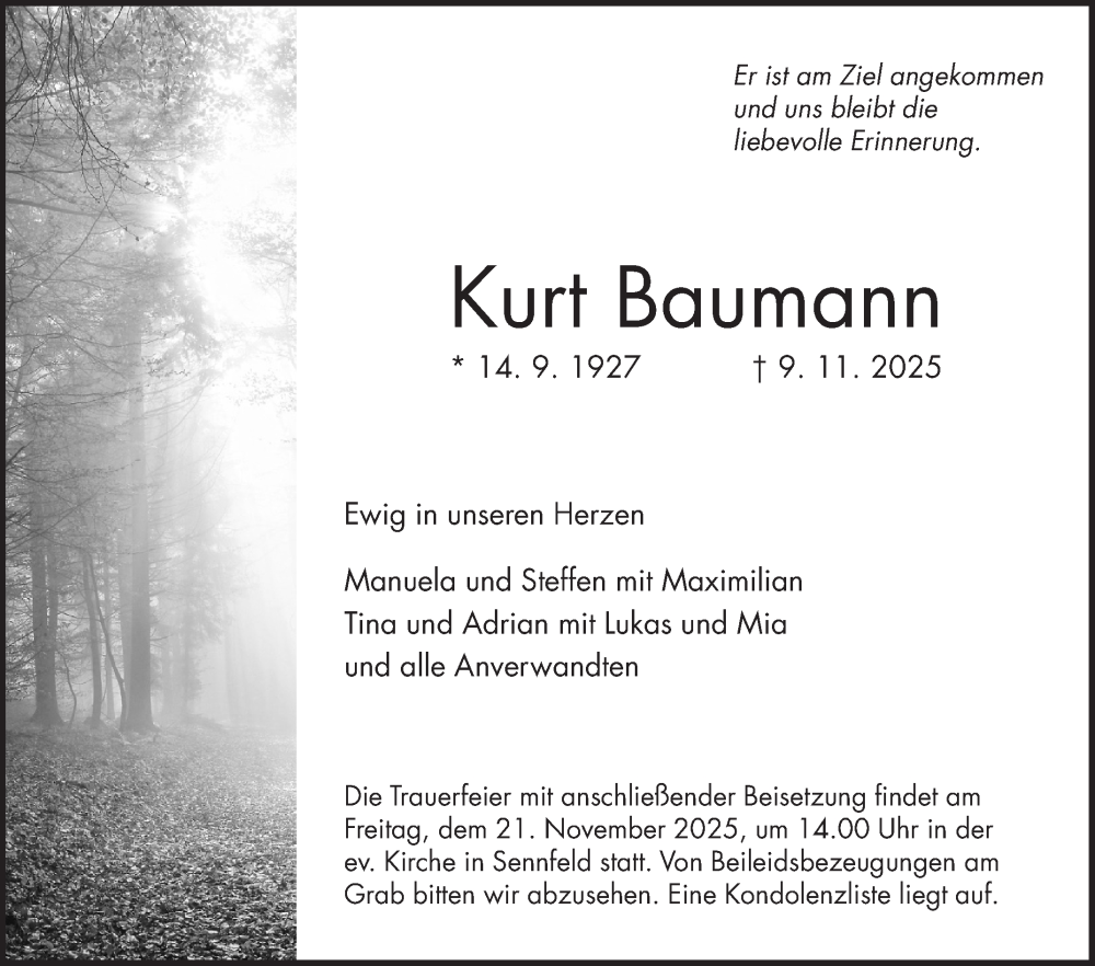  Traueranzeige für Kurt Baumann vom 15.11.2025 aus Fränkische Nachrichten