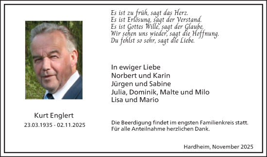 Traueranzeige von Kurt Englert von Fränkische Nachrichten