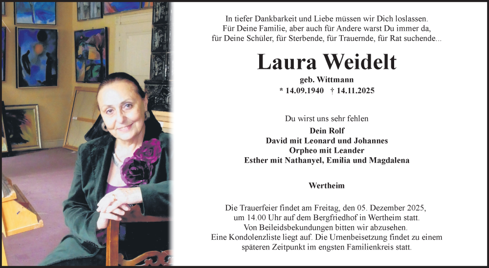  Traueranzeige für Laura Weidelt vom 29.11.2025 aus Fränkische Nachrichten