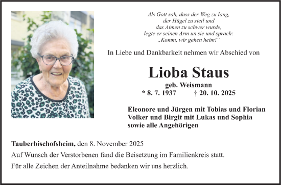 Traueranzeige von Lioba Staus von Fränkische Nachrichten