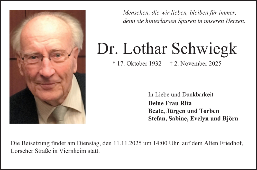 Traueranzeige für Lothar Schwiegk vom 08.11.2025 aus Mannheimer Morgen