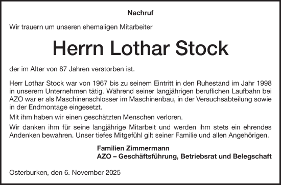Traueranzeige von Lothar Stock von Fränkische Nachrichten