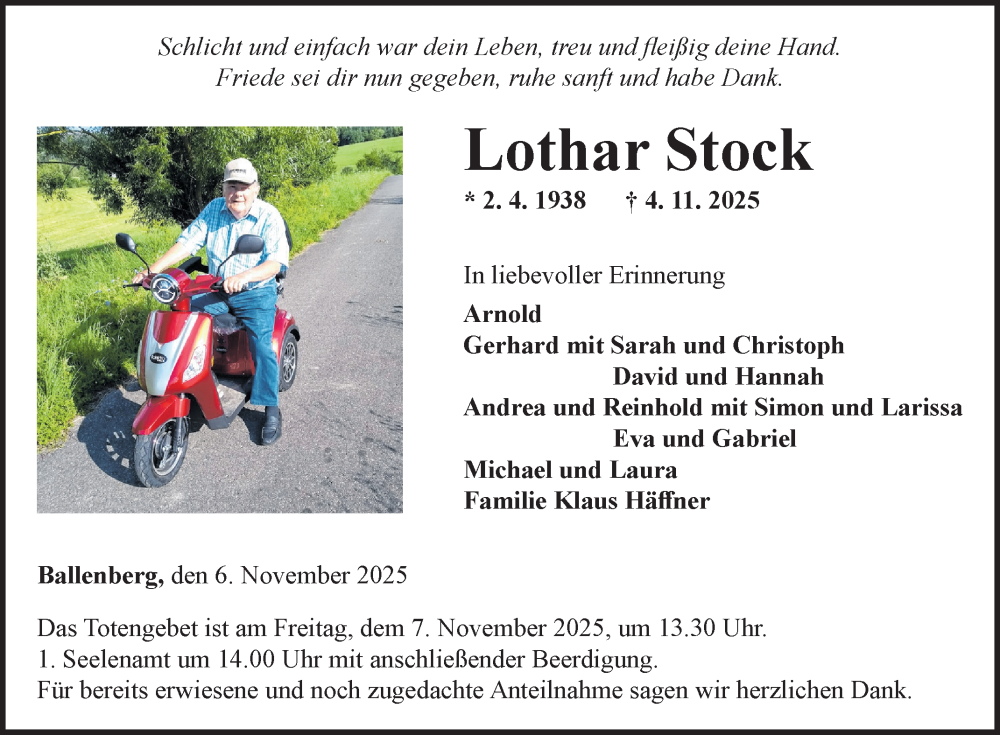  Traueranzeige für Lothar Stock vom 06.11.2025 aus Fränkische Nachrichten