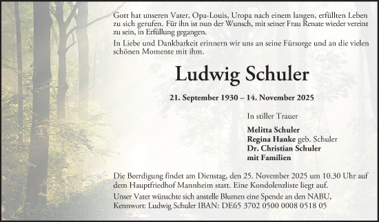 Traueranzeige von Ludwig Schuler von Mannheimer Morgen