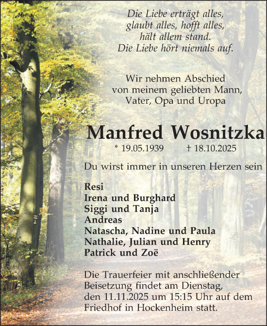 Traueranzeige von Manfred Wosnitzka von Schwetzinger Zeitung