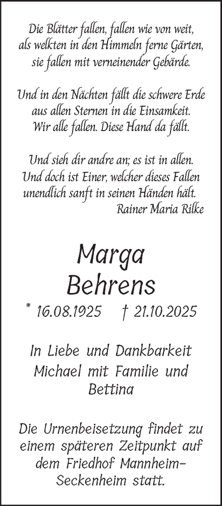 Traueranzeige von Marga Behrens von Mannheimer Morgen