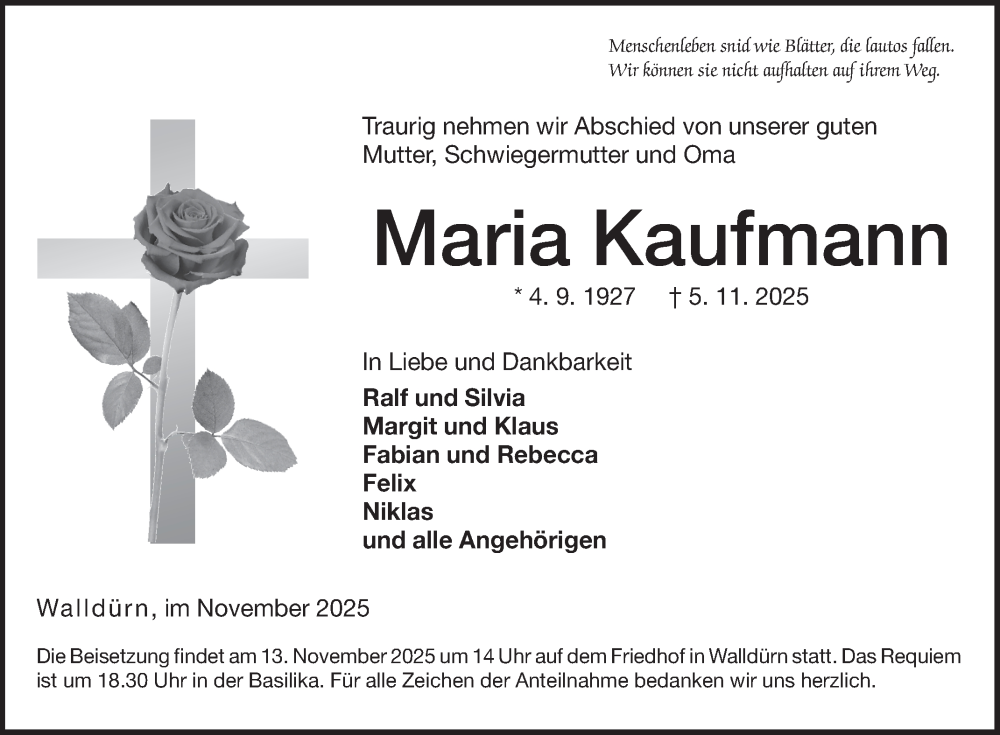  Traueranzeige für Maria Kaufmann vom 10.11.2025 aus Fränkische Nachrichten