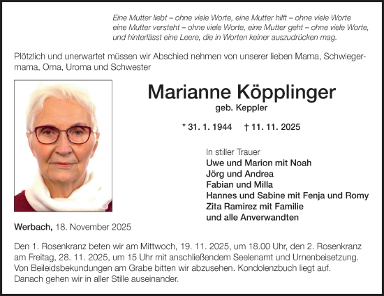 Traueranzeige von Marianne Köpplinger von Fränkische Nachrichten
