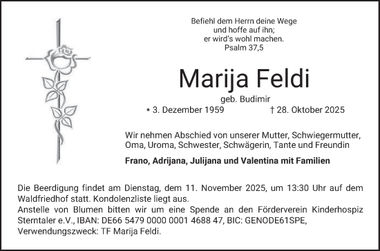 Traueranzeige von Marija Feldi von Bergsträßer Anzeiger