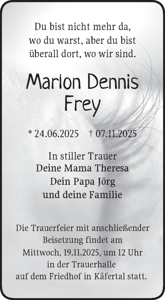 Traueranzeige von Marlon Dennis Frey von Mannheimer Morgen