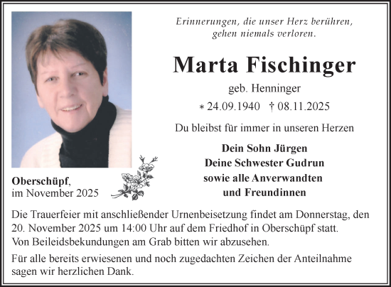 Traueranzeige von Marta Fischinger von Fränkische Nachrichten