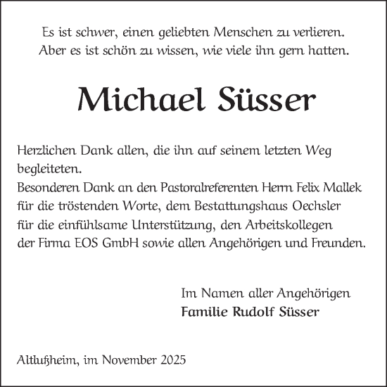 Traueranzeige von Michael Süsser von Schwetzinger Zeitung
