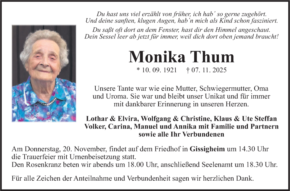  Traueranzeige für Monika Thum vom 15.11.2025 aus Fränkische Nachrichten