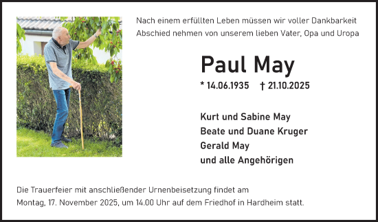 Traueranzeige von Paul May von Fränkische Nachrichten