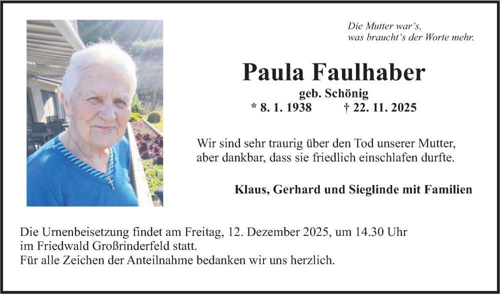  Traueranzeige für Paula Faulhaber vom 29.11.2025 aus Fränkische Nachrichten