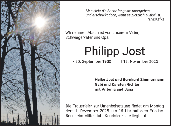 Traueranzeige von Philipp Jost von Bergsträßer Anzeiger