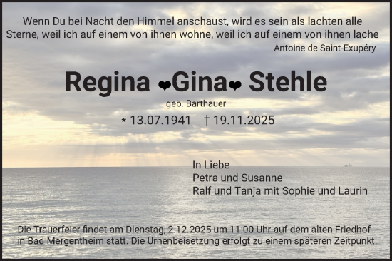 Traueranzeige von Regina Stehle von Fränkische Nachrichten